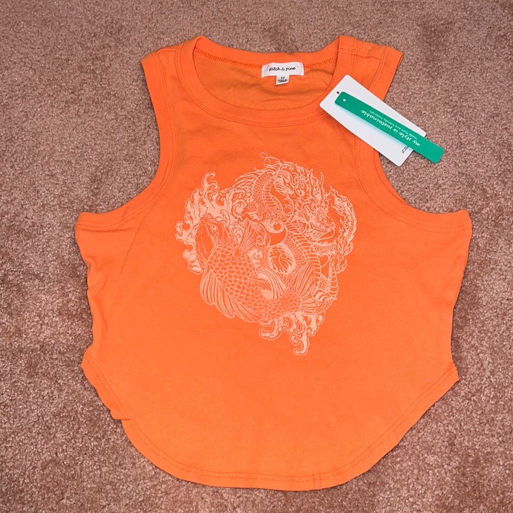 NWT Orange Chinese Good luck Fish & Dragon Muscle Tee